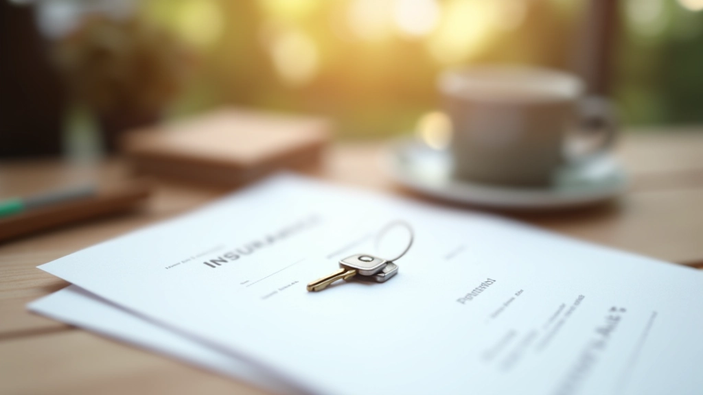 Documentos de seguro hogar y llave sobre escritorio con café