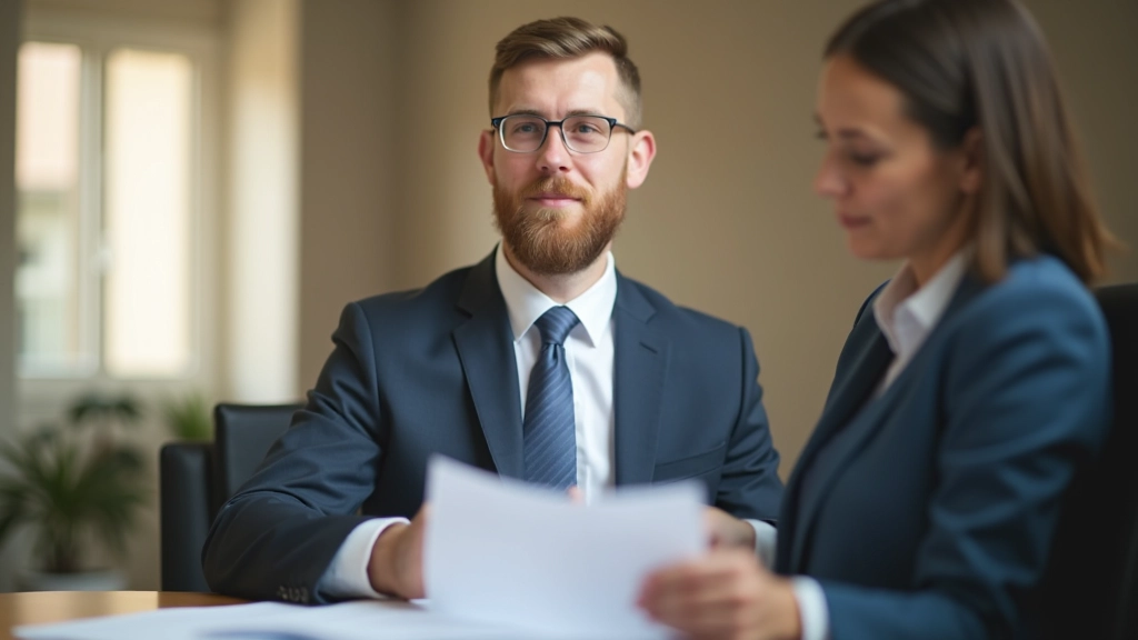 Consultor de seguros revisando documentos con cliente en oficina moderna